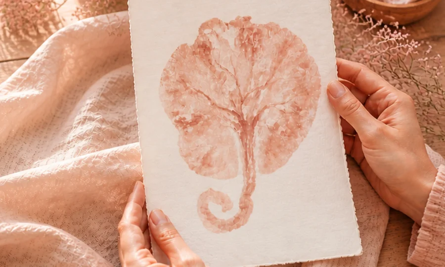 Hands holding a placenta print on paper