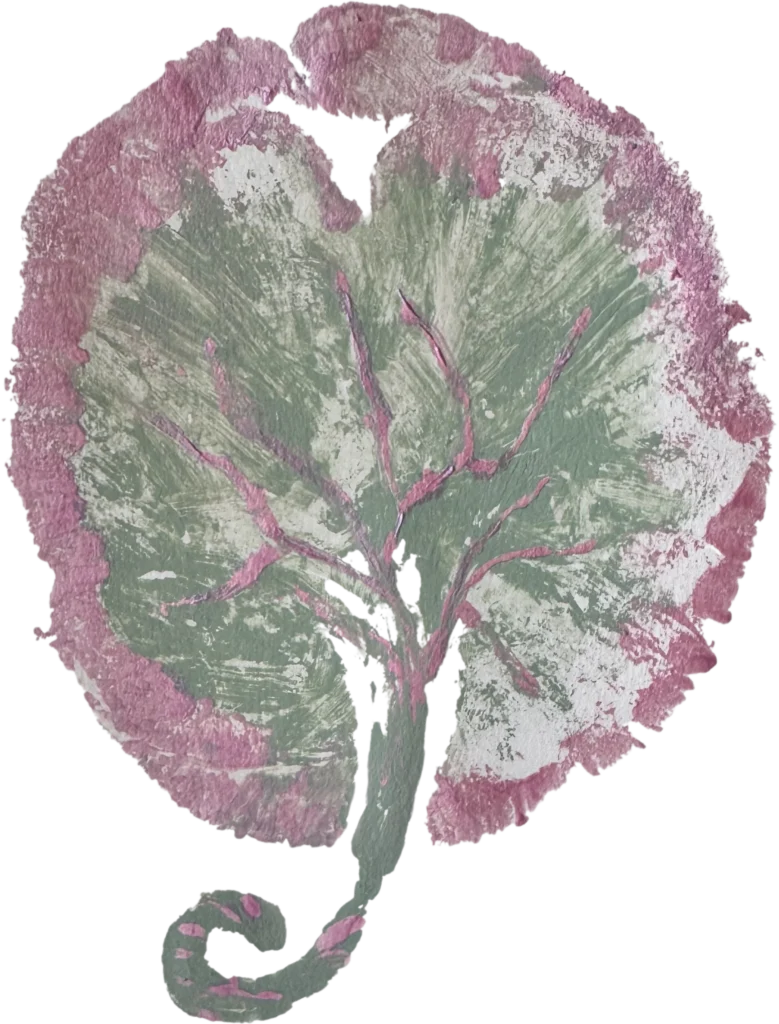 Placenta print in green and rose tones